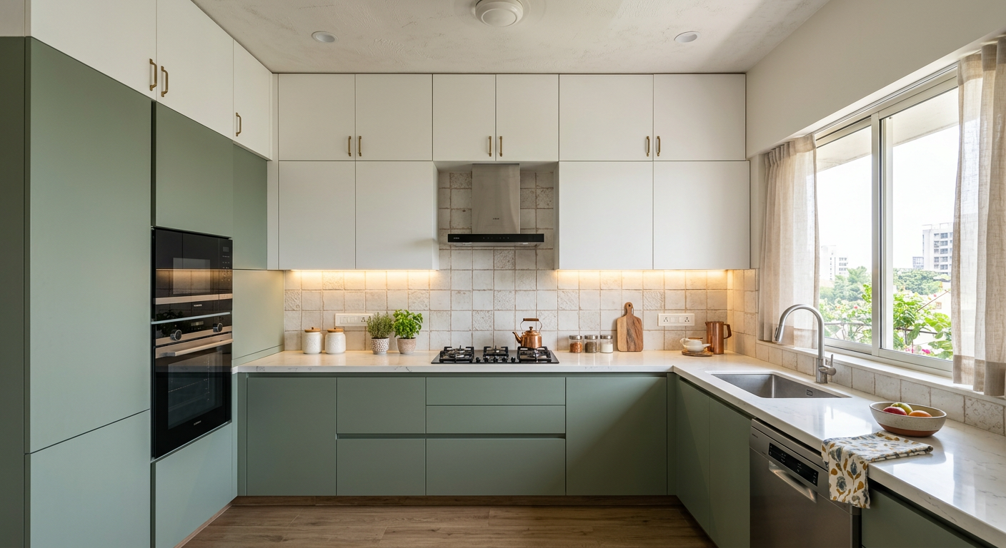 Aluminium modular kitchen in Bangalore with loft storage, tall pantry unit and under-cabinet LED strip lights